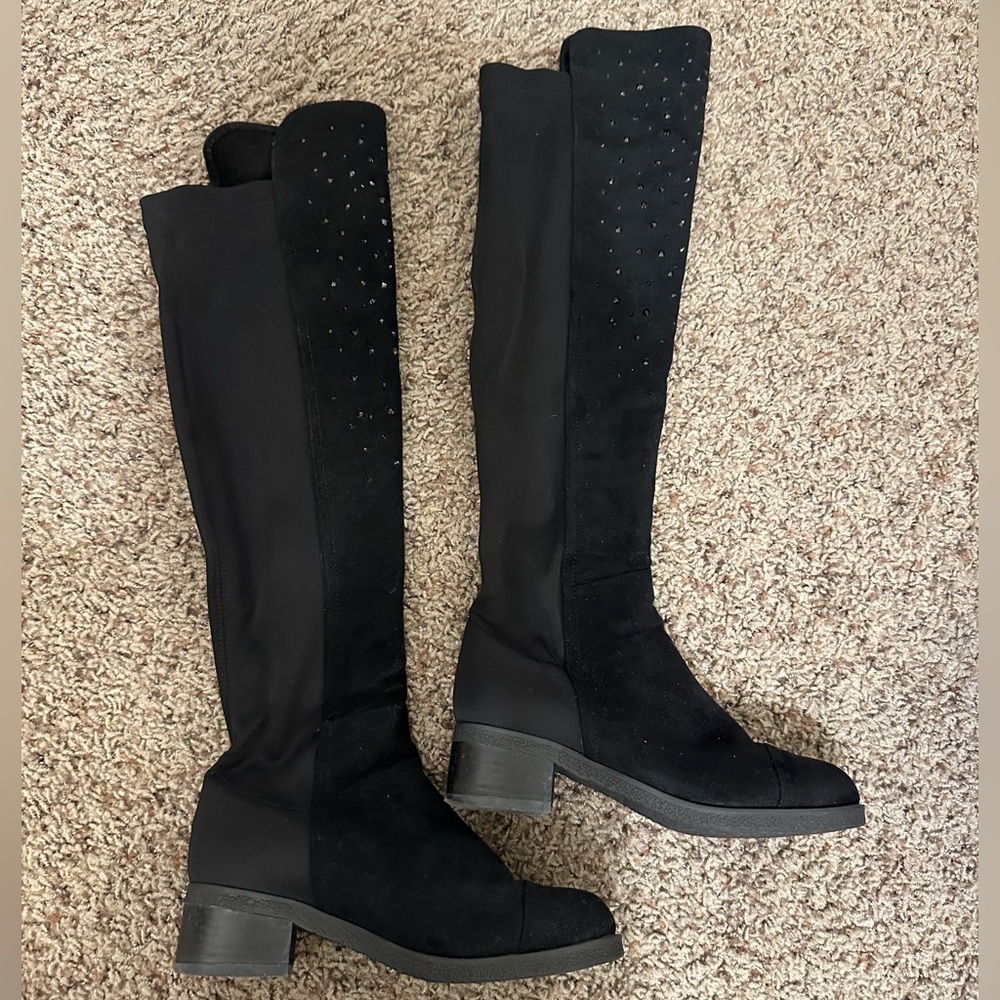 Staccato Black Suede Knee-High Women's Boots with Swarovski Rhinestone Size 5.5
